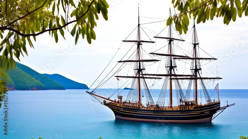 Sailing ship on a tropical island