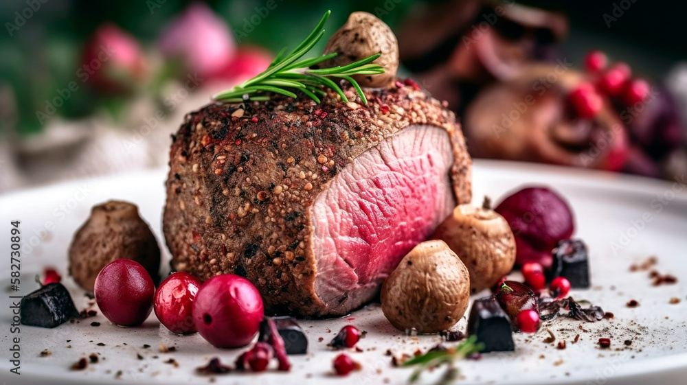 This closeup of fried venison tenderloin fillet with wild mushrooms and ...