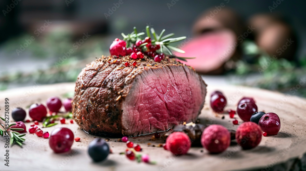 Show the beauty of dry aged venison tenderloin fillet steak with