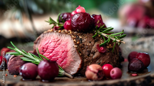 Satisfy your cravings with a savory fried venison medallion with mushrooms and berries in this closeup shot. Ideal for food-related projects and marketing materials.