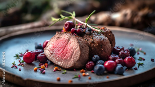 Fotografiet A closeup of a perfectly cooked venison tenderloin fillet steak with mushrooms and berries, ideal for food menus and cookbooks