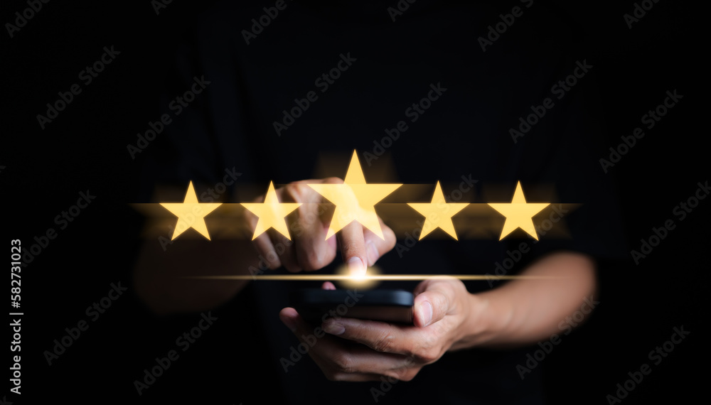 Customer review satisfaction feedback survey concept. User give rating to service excellent experience on mobile phone application, Client evaluate quality of service reputation ranking of business. - obrazy, fototapety, plakaty 