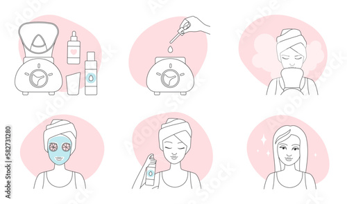 Face spa infographic line icons set vector illustration. Hand drawn outline girls using aroma diffuser with water stream and healthy oil, healthy clay mask to care, clean and moisture facial skin