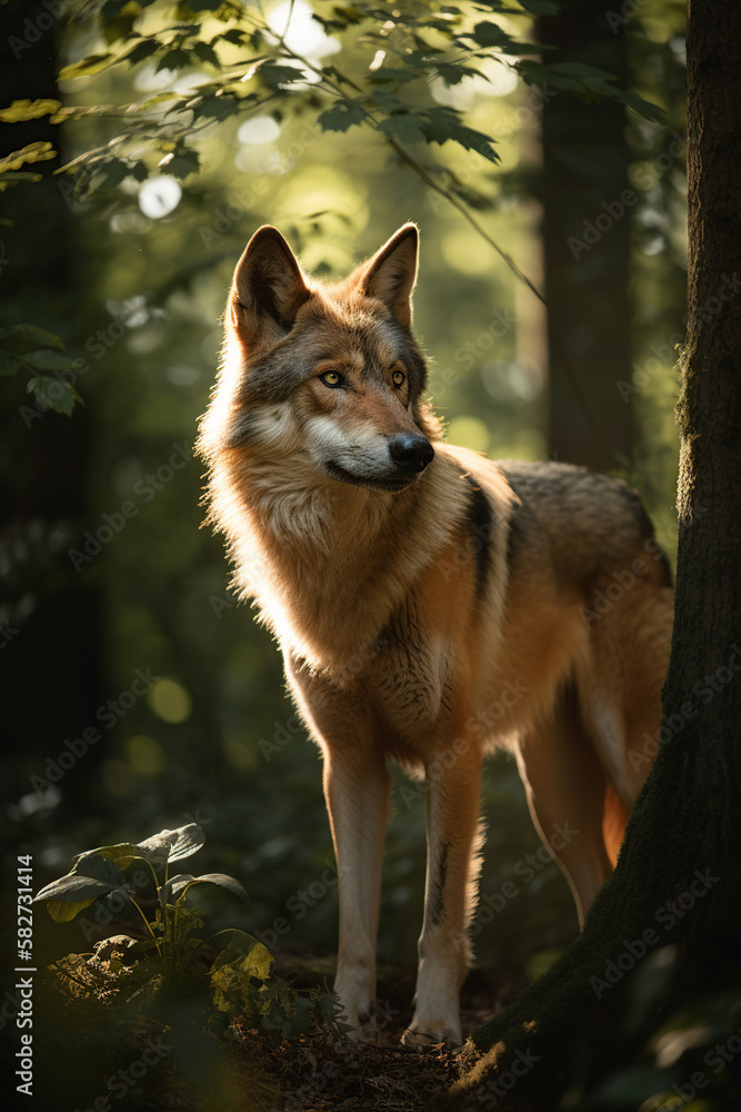 Lone wolf standing in summer forest, smooth bokeh, Generative AI Lone wolf standing in summer forest, smooth bokeh, Generative AI