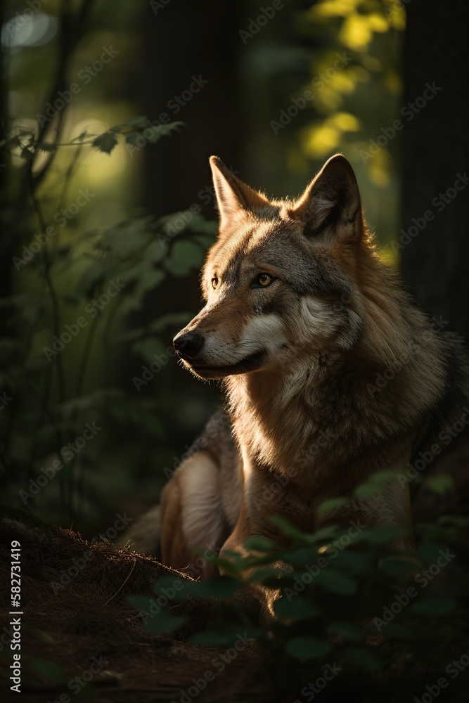 Fototapeta premium Lone wolf in summer forest, backlit in the golden hour, Generative AI