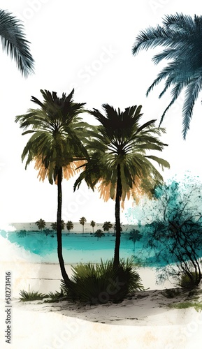 AI-generated illustration  watercolor landscape of palm trees in a tropical setting. Inspired by contributor s own photography. MidJourney.