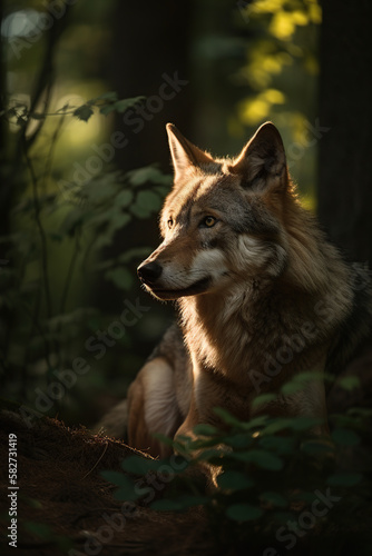 Lone wolf in summer forest  backlit in the golden hour  Generative AI