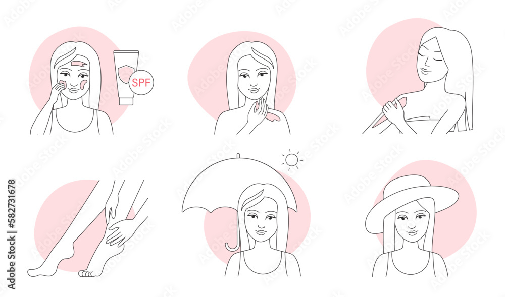 Application of sunscreen, skincare instructions thin line icons set vector illustration. Outline girls apply sunblock cream or lotion on skin of face and body, female characters use umbrella and hat Application of sunscreen, skincare instructions thin line icons set vector illustration. Outline girls apply sunblock cream or lotion on skin of face and body, female characters use umbrella and hat