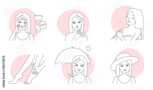 Application of sunscreen, skincare instructions thin line icons set vector illustration. Outline girls apply sunblock cream or lotion on skin of face and body, female characters use umbrella and hat