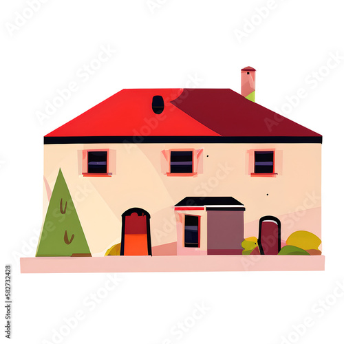 Modern House Illustration with Red Roof and Green Tree