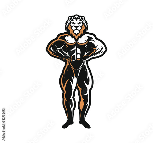 Gym and fitness logo with a muscular lion head. © Mubashar
