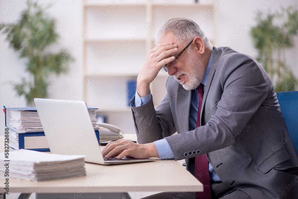 Old male employee working in the office Old male employee working in the office