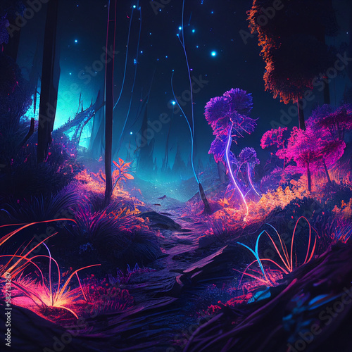 Colorful bioluminescence plants in forest, crystals and glowing path,