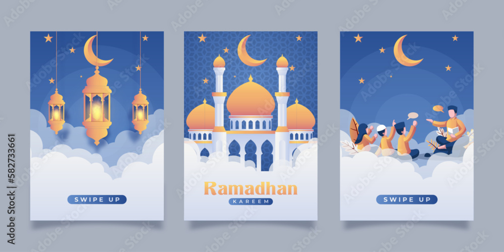 Set of social media post ramadan template. portrait islamic background design.poster,flyer,banner,brochure
