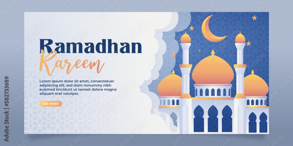 Ramadan Kareem greeting concept with Mosque and stars for web landing page template, banner, presentation, social, and print media. islamic eid fitr or adha flat design vector illustration