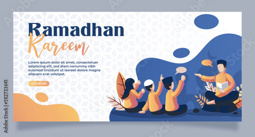 Happy ramadan mubarak greeting concept with people character for web landing page template. Suitable for web landing page, ui, mobile app, banner template. flat cartoon vector illustration