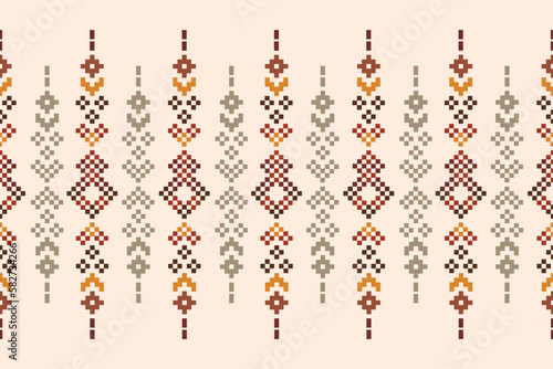 Ethnic geometric fabric pattern Cross Stitch.Ikat embroidery Ethnic oriental Pixel pattern brown cream background. Abstract,vector,illustration.For texture,clothing,wrapping,decoration,carpet.