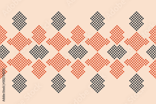 Ethnic geometric fabric pattern Cross Stitch.Ikat embroidery Ethnic oriental Pixel pattern brown cream background. Abstract,vector,illustration.For texture,clothing,wrapping,decoration,carpet.