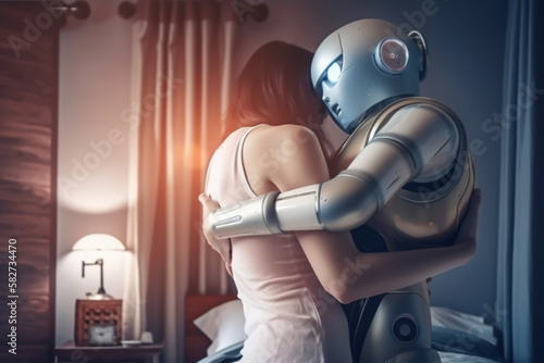 Woman Hug with AI Robot For Futuristic Love Between Ronot and Human Concept Created with Generative AI Technology photo