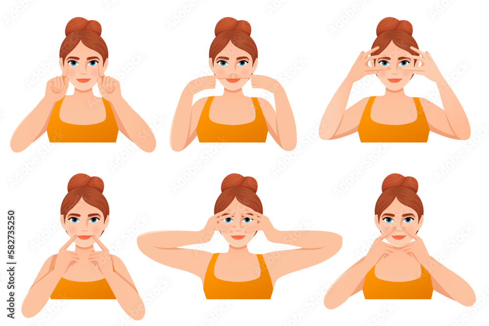 set a girl in a orange t-shirt does facial fitness exercises face yoga set a girl in a orange t-shirt does facial fitness exercises face yoga