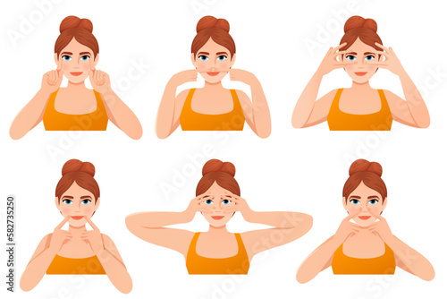 set a girl in a orange t-shirt does facial fitness exercises face yoga