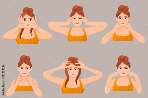 set a girl in a orange t-shirt does facial fitness exercises face yoga