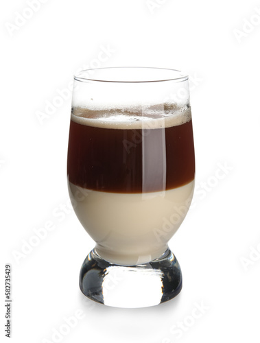 Glass of delicious Cafe Bombon on white background