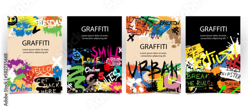 Graffiti poster set. Street art with inscriptions  paint blots and space for text.