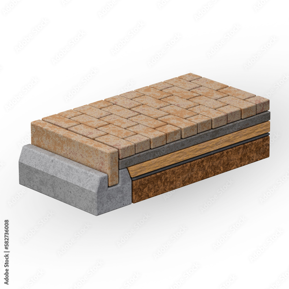 3D illustration of laying paving slabs on a sand base with a curb. Construction details for landscaping and garden design. Isometric. 3D illustration of laying paving slabs on a sand base with a curb. Construction details for landscaping and garden design. Isometric.