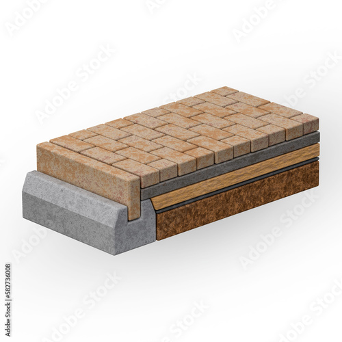 3D illustration of laying paving slabs on a sand base with a curb. Construction details for landscaping and garden design. Isometric. photo