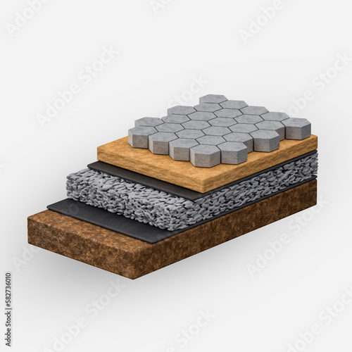 3D illustration of laying paving slabs on a sand base. Construction details for landscaping and garden design. Isometric. photo
