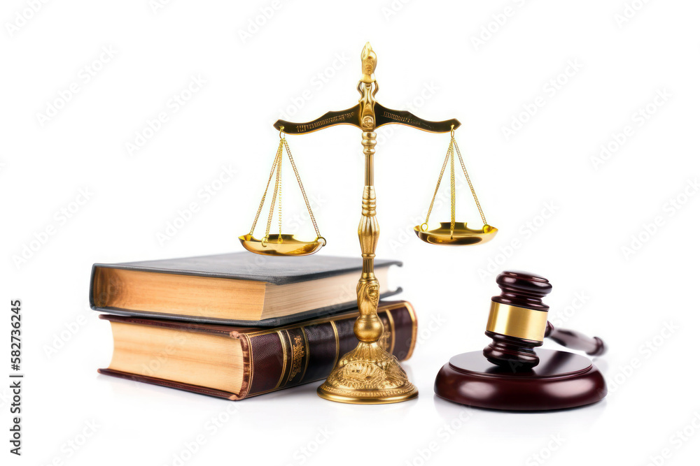 Law books, judge gavel and Justice scales isolated on white background. Generative AI Law books, judge gavel and Justice scales isolated on white background. Generative AI