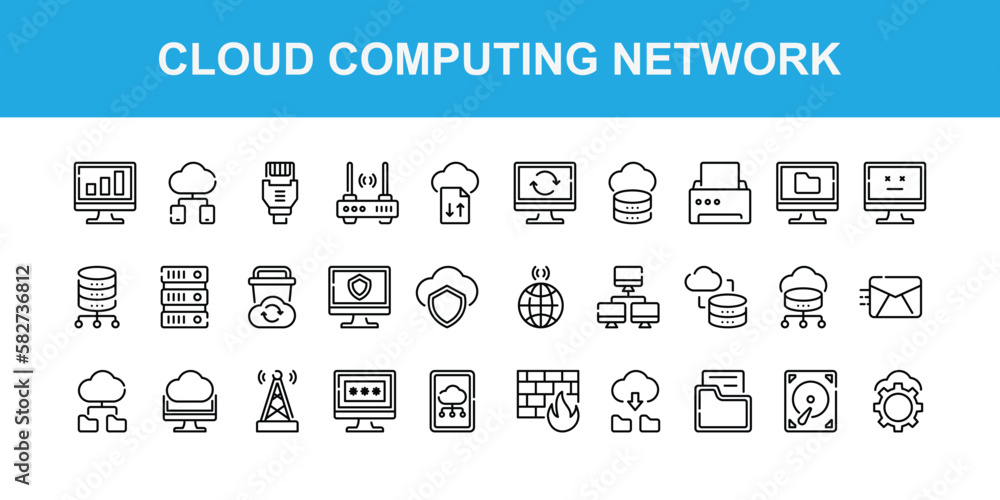 Cloud Computing Network Icon Pack With Outline Style, Simple Fot Design In App, Web