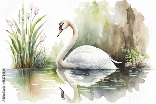 Canvas Print Watercolor painting of a peaceful white swan swimming in the water