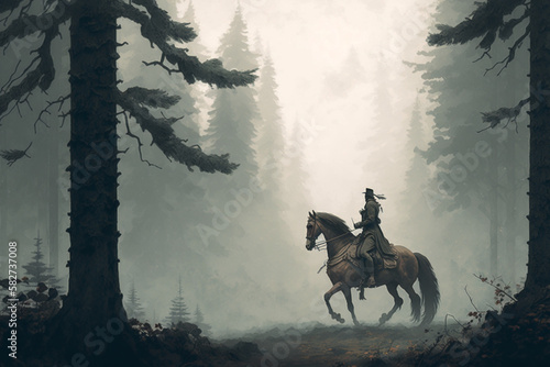 forest fog, foglets, creepy creatures lurking around the pines , the solo traveller on horse back is at guard, Generative IA photo