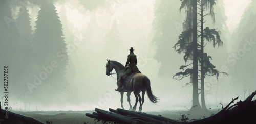 forest fog, foglets, creepy creatures lurking around the pines , the solo traveller on horse back is at guard, Generative IA photo