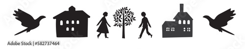 Border of figures and trees for scandi stripe. people in woodland trimming. 