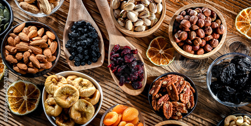 Composition with a variety of dried fruits and assorted nuts.