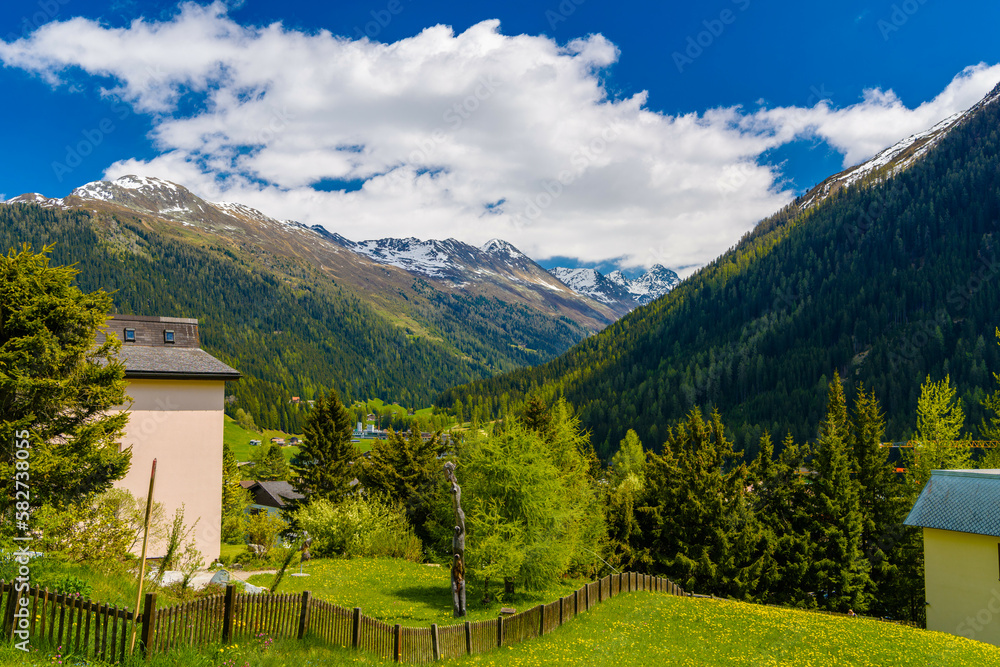 Houses in town village in Alps mountains, Davos, Graubuenden, Switzerland