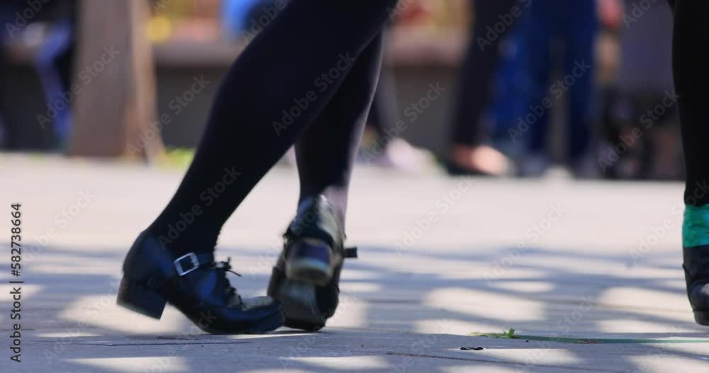 Close up slow motion shot of the shoes of Irish dance in Myriad Botanical Gardens at Oklahoma Close up slow motion shot of the shoes of Irish dance in Myriad Botanical Gardens at Oklahoma