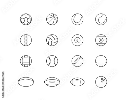 Sports Balls Icon collection containing 16 editable stroke icons. Perfect for logos, stats and infographics. Change the thickness of the line in Adobe Illustrator (or any vector capable app).
