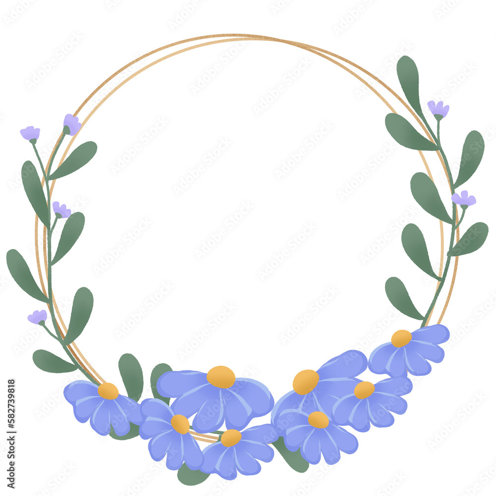 Cute wreath with flowers, leaves and branches in vintage style, Watercolor purple flower wreath