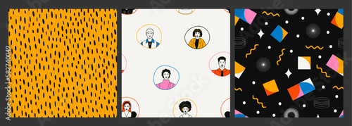 Various portraits of men and women. Diverse stylish people in trendy clothes. Hand drawn modern Vector illustration. Square seamless Pattern. Background, wallpaper