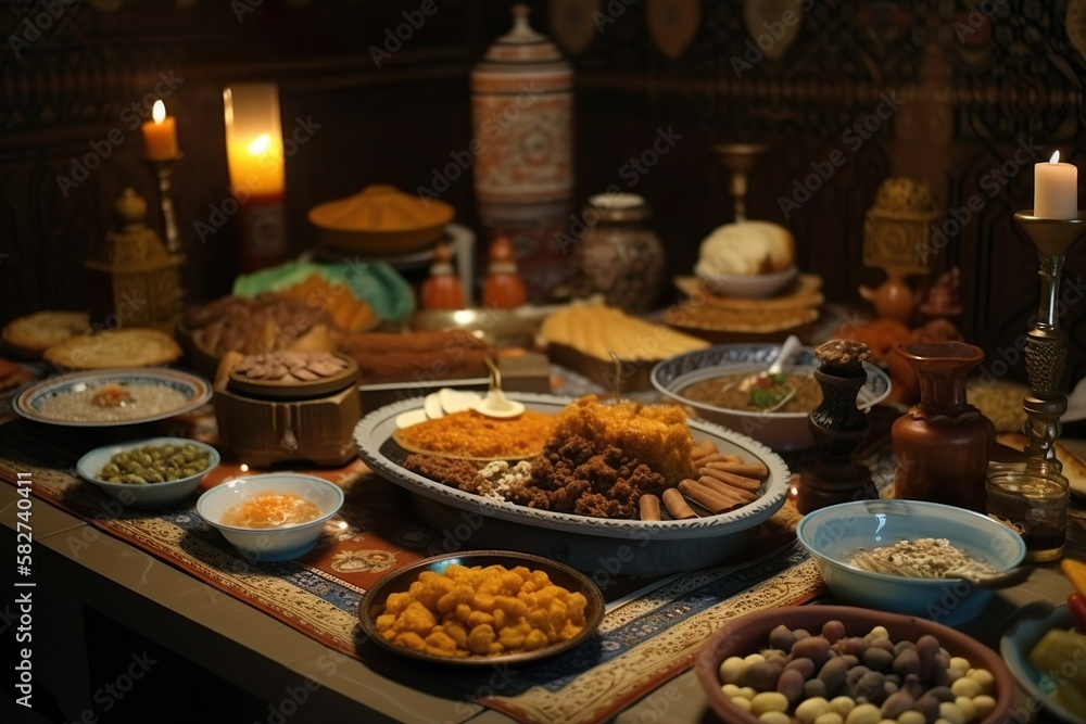 table setting for Ramadan food , iftar , low seating , Generative Ai