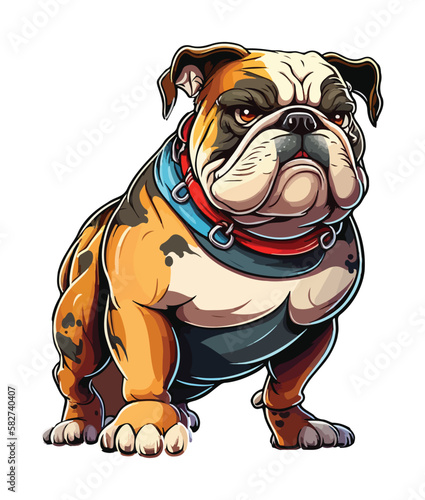 A cartoon bulldog with a red collar and a red collar