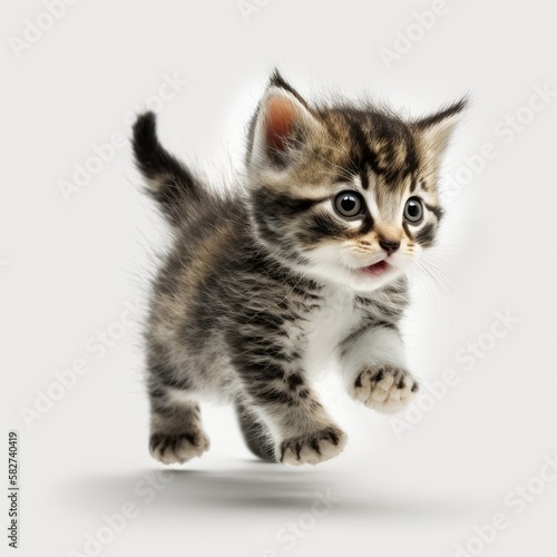 An energetic little kitten playing and running, captured in full body on an isolated background. The perfect image to showcase the playful nature of cats, generated by AI for maximum clarity and detai © ic36006