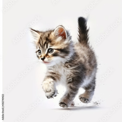 An energetic little kitten playing and running, captured in full body on an isolated background. The perfect image to showcase the playful nature of cats, generated by AI for maximum clarity and detai