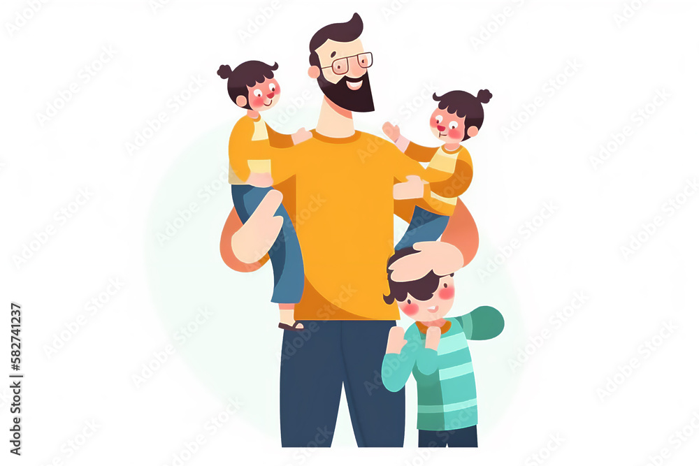 happy father with three children, concept of family and father's day. generative ai. happy father with three children, concept of family and father's day. generative ai.
