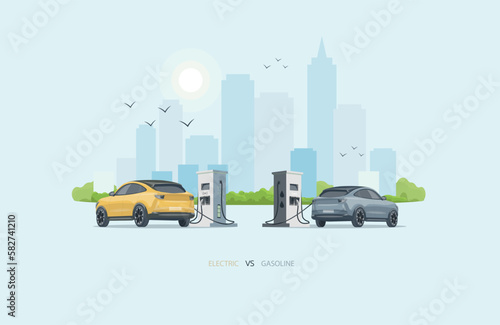 Comparison of an electric and gasoline diesel car. Charging an electric car at a charging stand against a gas station for fossil cars. photo