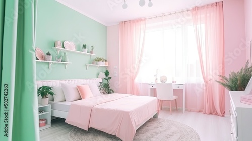 Beautiful pastel colored bedroom interior design  Pretty bed and beddings in a colorful room  Created with generative AI tools